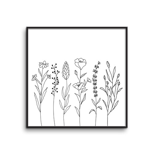 Square Print Minimalist Flower Wall Art Simple Botanical Etsy