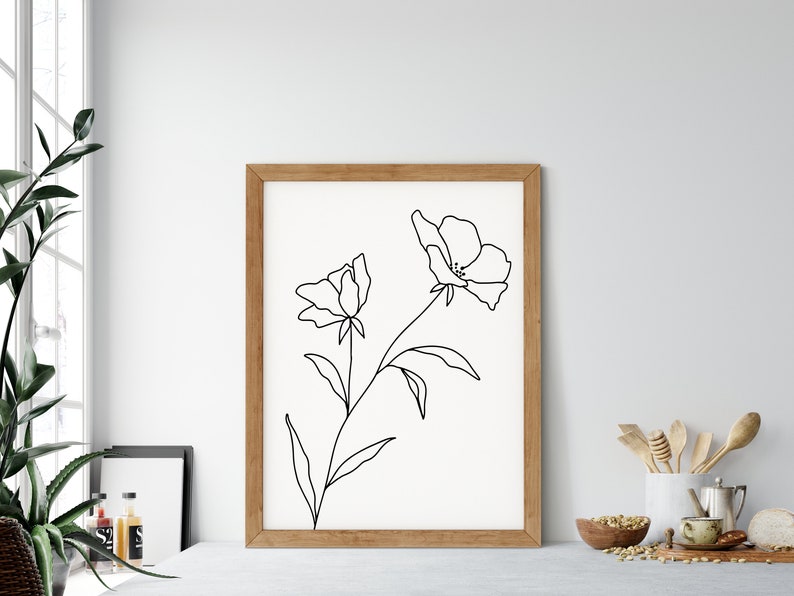 Floral Line Art Black and White Botanical Printable | Etsy
