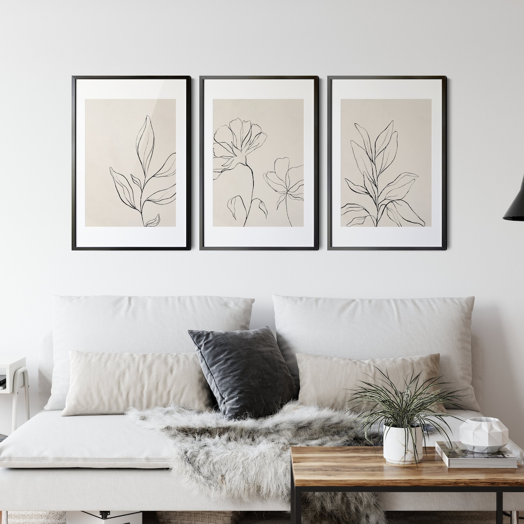 Set of 3 Botanical Prints, Black and Beige Wall Art, Flower Print Set ...