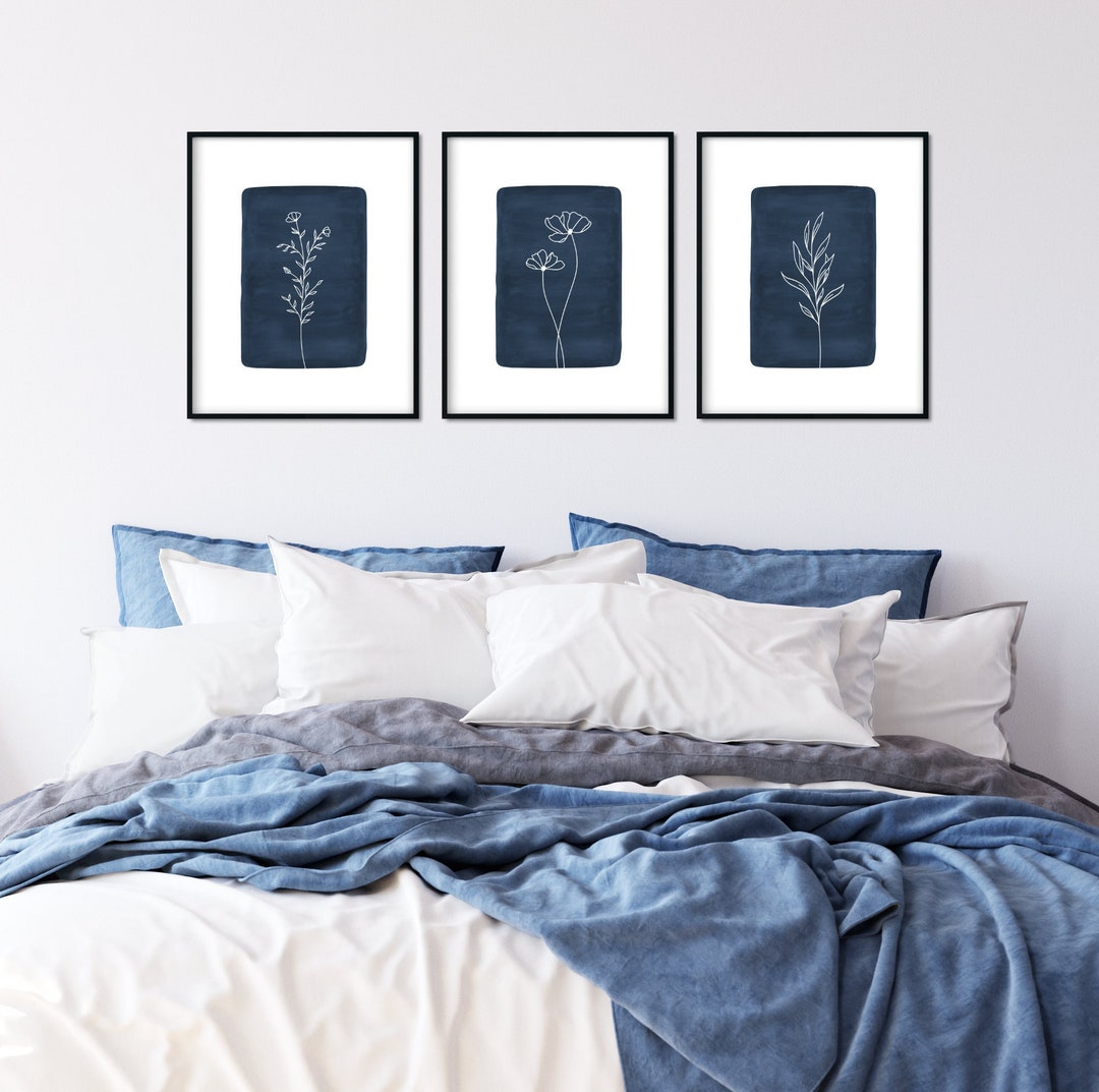 Navy Blue Wall Art, Botanical Print Set of 3, Floral Wall Art, Indigo