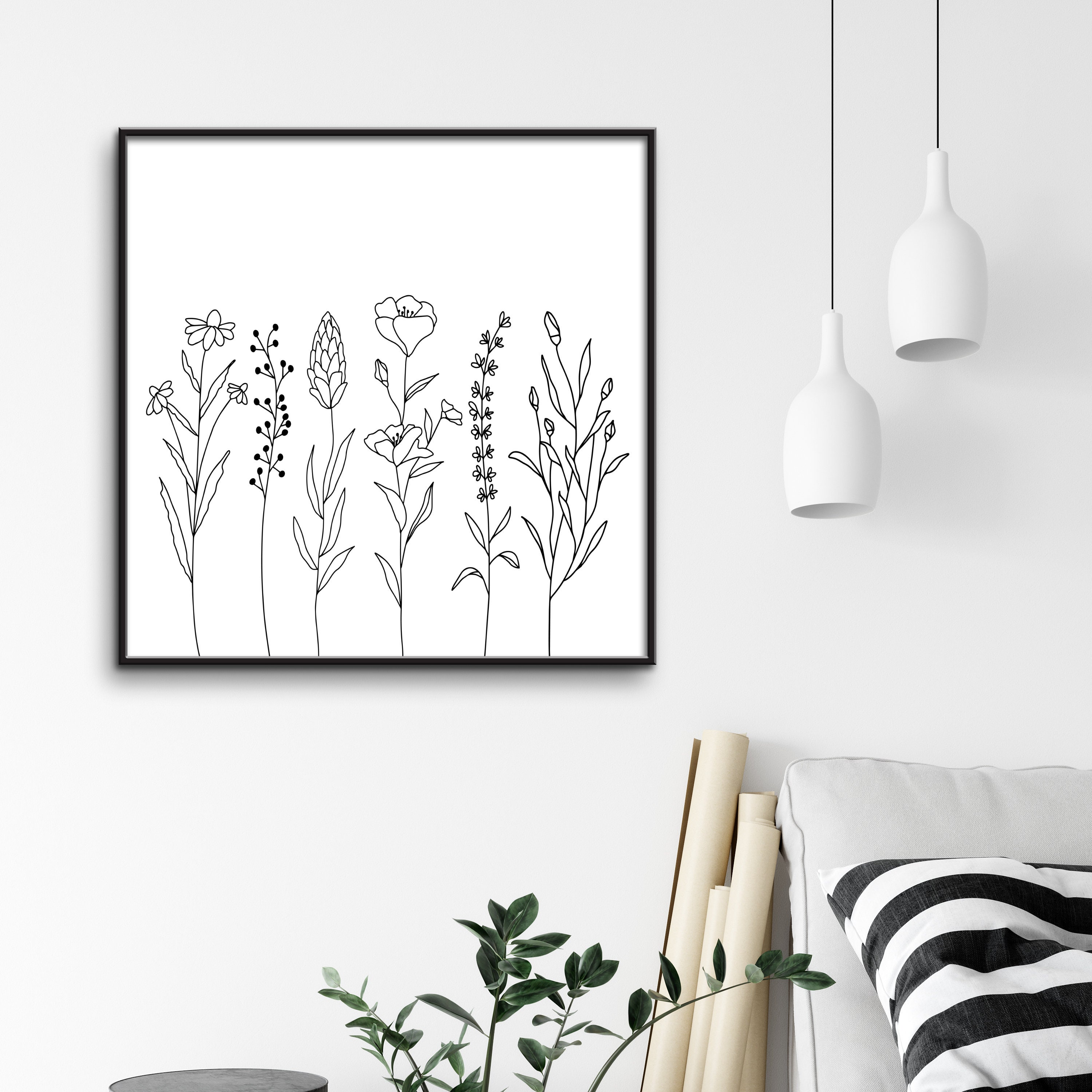 Square Print Minimalist Flower Wall Art Simple Botanical Etsy