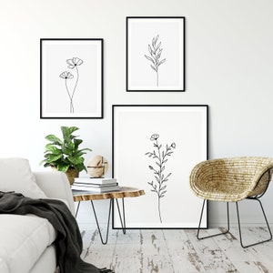 Botanical Print Set of 3, Botanical Line Art, Black and White Flower Prints, Simple Wall Art, Printable Wall Art, 3 Wall Art Prints image 2