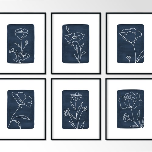 Navy Blue Wall Art Botanical Print Set of 3 Floral Wall Art - Etsy