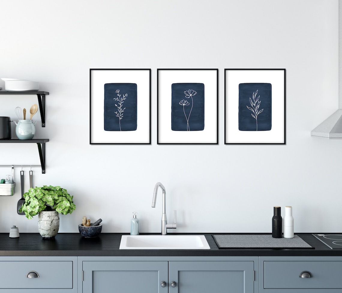Navy Blue Wall Art Botanical Print Set of 3 Floral Wall Art - Etsy