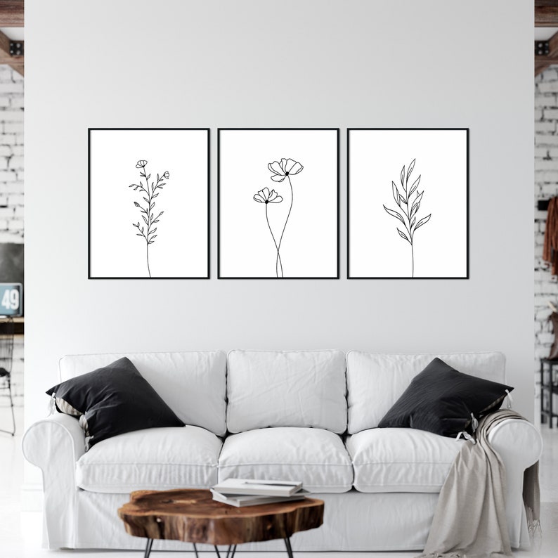 Botanical Print Set of 3, Botanical Line Art, Black and White Flower Prints, Simple Wall Art, Printable Wall Art, 3 Wall Art Prints image 1