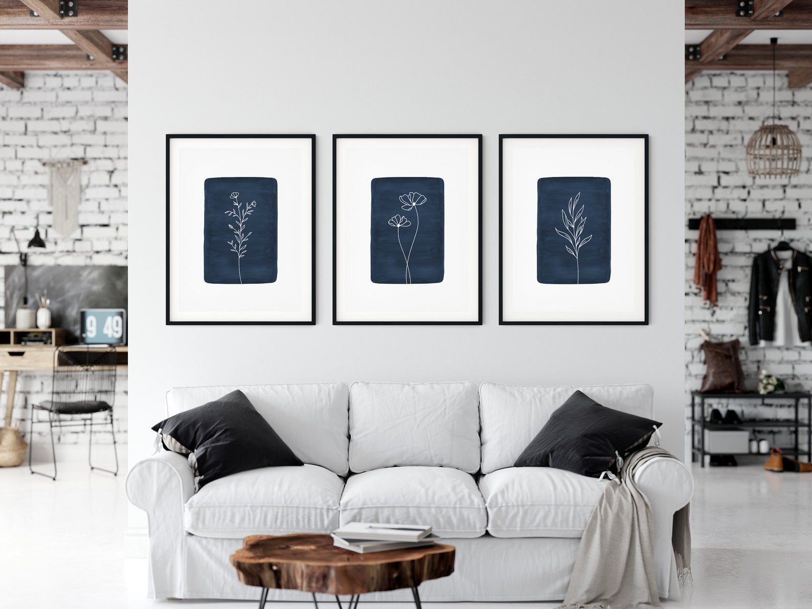 Navy Blue Wall Art Botanical Print Set of 3 Floral Wall Art - Etsy