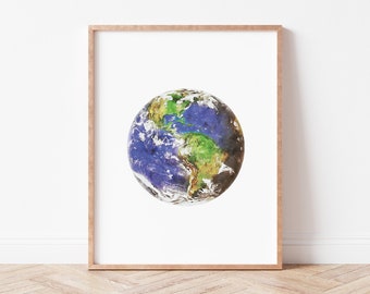 Watercolor Earth Planet Printable | Space Theme Nursery Art, Digital Art, Planet Wall Decor, Home Decor, Watercolor Planets, Kids Room Decor