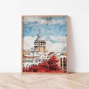 Watercolor Istanbul Turkey Print | Galata Tower Travel Drawing, Digital Download, Istanbul Painting, Galata Tower Digital Printable Wall Art