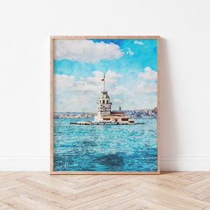 Watercolor Istanbul Turkey Print | Maiden&#39;s Tower Travel Drawing, Digital Download, Istanbul Painting, Blue Digital Printable Wall Art