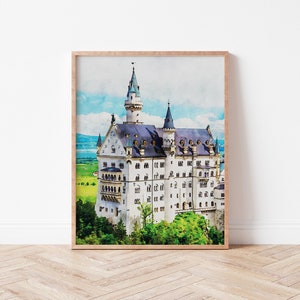 Watercolor Germany Neuschwanstein Castle Print | Germany Travel Drawing Digital Download, Painting, Digital Art Printable, Germany Wall Art