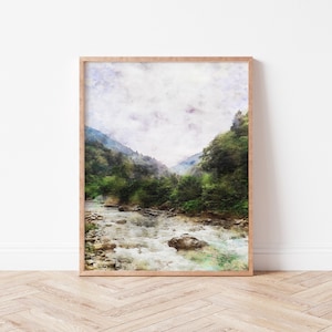 Digitales Aquarell Wald Druckbare | Natur Digitaldruck, Wald Druck, Landschaftskunst, Grüner Druck, Nebel bäume druckbare Wandkunst Dekor