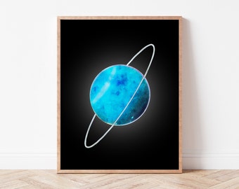 Watercolor Uranus Planet Printable | Black Background Space Theme Nursery Art, Digital Art, Planet Wall Decor, Home Decor Watercolor Planets