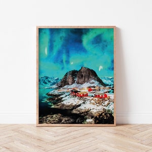 Watercolor Northern Lights Print | Northern Lights Travel Drawing, Digital Download, Green Painting, Digital Printable, Norway Wall Art