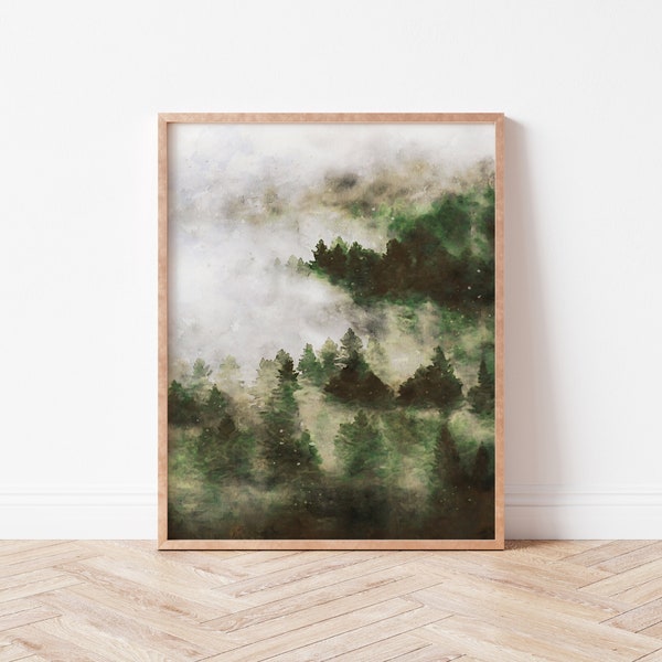 Digital Watercolor Forest Printable | Nature Digital Print, Forest Print, Landscape Art, Green Print, Foggy Trees Printable Wall Art Decor
