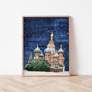 Watercolor Moscow Red Square Print | Russia Travel Drawing, Digital Download, Snowy Day Digital Printable, Wall Art