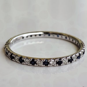 Alternating Natural Blue Sapphire & Moissanite Full Eternity Band, Round Cut Blue And White Stone Wedding Band, Anniversary Band For Women