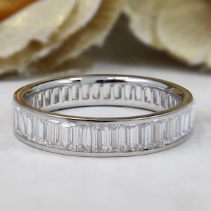 Channel Set Baguette Cut Full Eternity Moissanite Chic Wedding Anniversary Band, 10K/14K Solid Gold Bridal Stackable Baguette Band