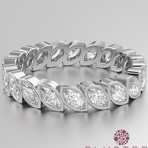 Bezel Set Marquise Cut Full Eternity Moissanite Wedding Anniversary Band, Tilted Stone Eternity Band For Women