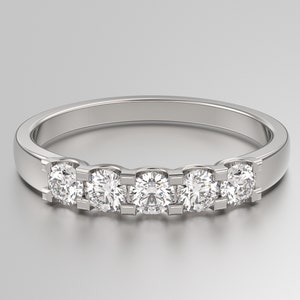 2mm Five Stone Shared Prong Thin Wedding Anniversary Band, 5 Stone Moissanite Bridal Band For Women