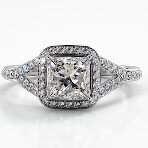 Spilt Shank Princess Cut Halo Moissanite Art Deco Engagement Ring, Unique Square Shape Halo Promise Ring For Women