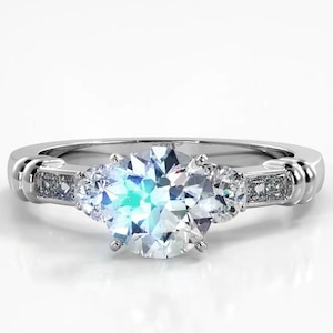 3 Stone Round Cut Moissanite Side Stones Engagement Ring, Three Stone Sterling Silver Ring For Women