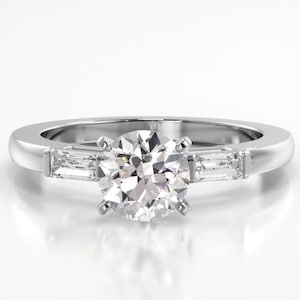Baguette & Round Cut Moissanite 3 Stone Engagement Ring, Round Cut 3 Stone Ring For Women, Three Stone Promise Ring
