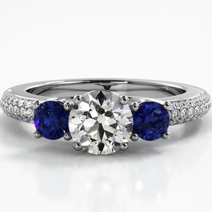 Three Stone Blue Sapphire Engagement Ring, September Birthstone Round Cut Ring, Side Stones Promise Ring For Women