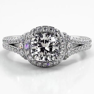 Split Shank Cushion Cut Halo Art Deco Vintage Engagement Ring, Unique 3D Pave Proposal Ring, 14K Solid Gold Ring For Women
