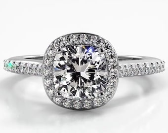 Cushion Cut Halo Moissanite Sterling Silver Engagement Ring