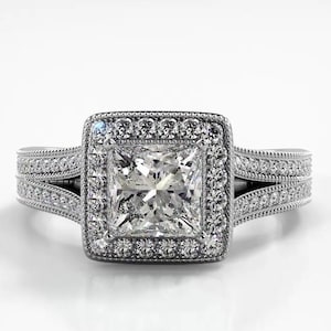 Split Shank Princess Cut Halo Moissanite Engagement Ring, Square Shaped Side Stones Ladies Rings, Milgrain Promise Ring For Her