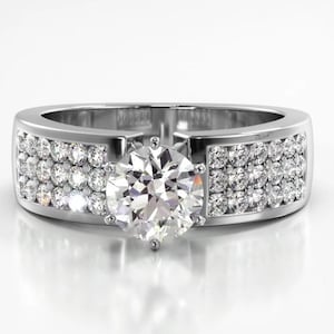 Three Row Round Cut Moissanite Wide Engagement Ring, Thick Solitaire Promise Ring For Women, Party Wear Ring