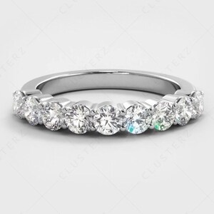 Round Cut 9 Stone Moissanite Shared Prong Half Eternity Anniversary Band, Classic Eternity Wedding Band For Women