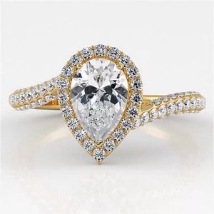 Pear Cut Halo Moissanite Engagement Ring In 10K Solid White/Yellow Gold or Sterling Silver