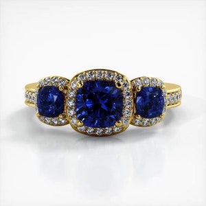 Round and Cushion Cut Three Stone Moissanite Engagement Ring In 10K Solid White/Yellow Gold or Sterling Silver