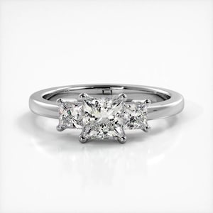 Princess Cut Three Stone Moissanite Engagement Ring In 10K Solid White Gold or Sterling Silver