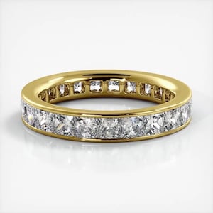 Channel Set Princess Cut Moissanite Eternity Ring, Wedding Band In 10k White / Yellow Gold or Sterling Silver