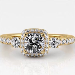 Cushion and Round Cut Three Stone Moissanite Engagement Ring In 10K Solid White/Yellow Gold or Sterling Silver