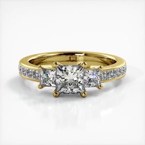 Princess Cut Three Stone Moissanite Engagement Ring In 10K Solid White Gold or Sterling Silver