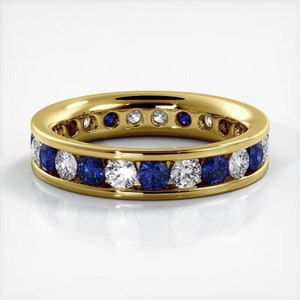 Channel Set Round Cut Moissanite Eternity Ring, Wedding Band In 10k White / Yellow Gold or Sterling Silver