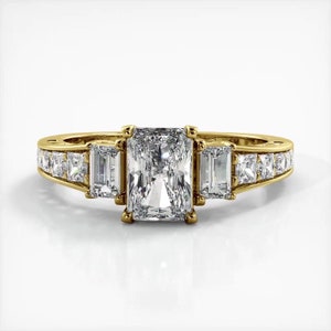 Anillo de compromiso de moissanita de tres piedras de talla esmeralda en oro blanco macizo de 10 quilates o plata de ley