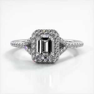 Emerald Cut Halo Moissanite Engagement Ring In 10K Solid White/Yellow Gold or Sterling Silver