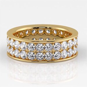 Channel Set Double Row Round Cut Moissanite Eternity Ring, Wedding Band In 10k White / Yellow Gold or Sterling Silver