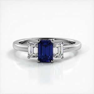 Emerald Cut Three Stone Moissanite Engagement Ring In 10K Solid White Gold or Sterling Silver