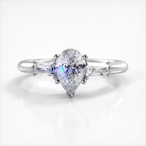Pear and Baguette Cut Three Stone Moissanite Engagement Ring In 10K Solid White/Yellow Gold or Sterling Silver