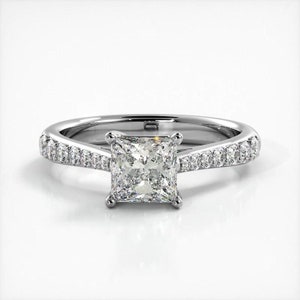 Princess Cut Side Stone Moissanite Engagement RingIn 10K Solid White/Yellow Gold or Sterling Silver