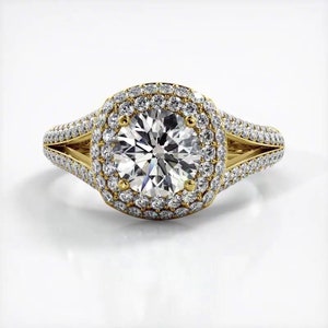 Round Cut Double Halo Moissanite Engagement Ring In 10K Solid White/Yellow Gold or Sterling Silver
