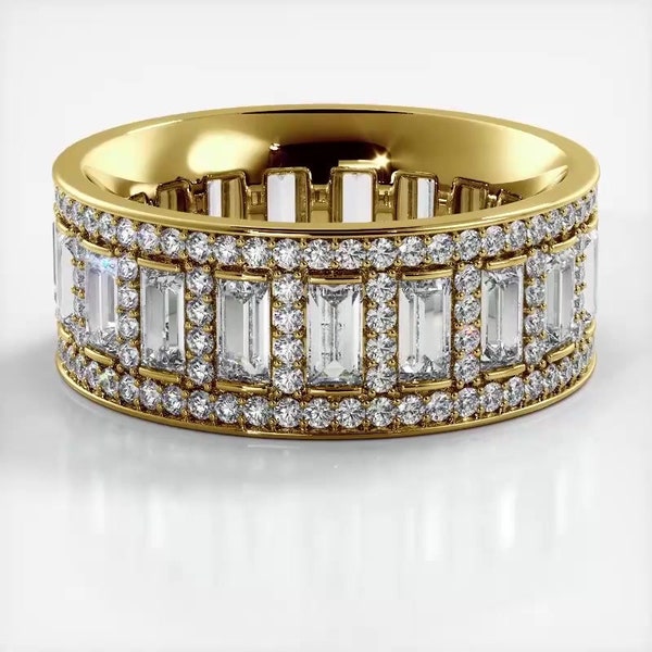 Round and Baguette Cut Moissanite Eternity Ring, Wedding Band In 10k White / Yellow Gold or Sterling Silver