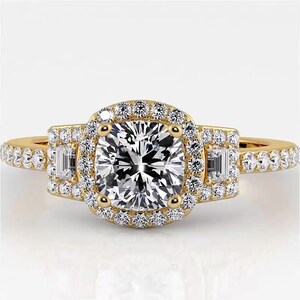 Cushion Cut Halo Moissanite Engagement Ring In 10K Solid White/Yellow Gold or Sterling Silver