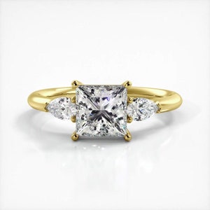 Princess and Pear Cut Three Stone Moissanite Engagement Ring In 10K Solid White/Yellow Gold or Sterling Silver