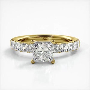 Princess Cut Side Stone Moissanite Engagement Ring In 10K Solid White/Yellow Gold or Sterling Silver